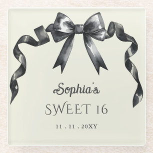Elegant Watercolor Coquette Black Bow Sweet 16 Glasuntersetzer