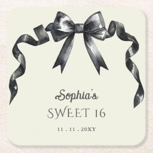 Elegant Watercolor Coquette Black Bow Sweet 16 Rechteckiger Pappuntersetzer