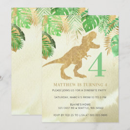 Elegant Watercolor Dinosaurier Green Gold Geburtst Einladung