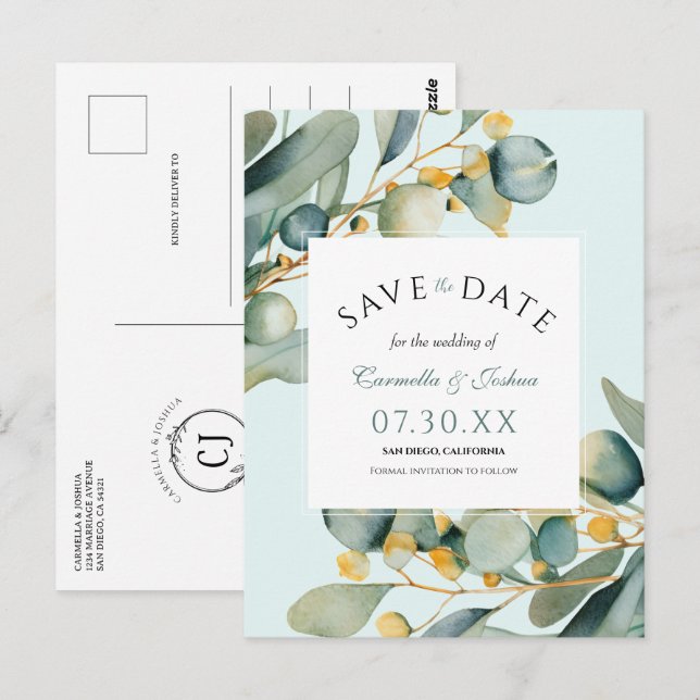 Elegant Watercolor Eucalyptus Boho Save the Date Postkarte (Vorne/Hinten)