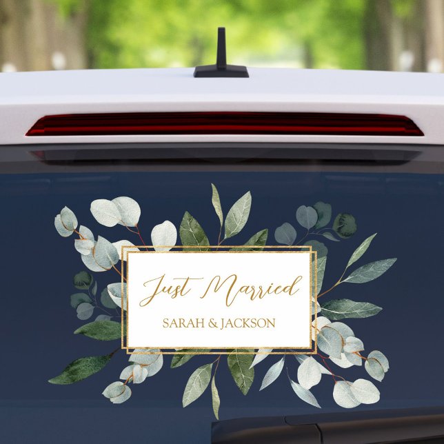 Elegant Watercolor Eucalyptus Leaves Just Married Fensteraufkleber (In situ)