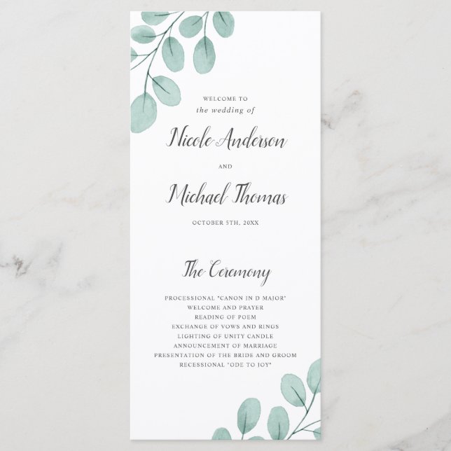 Elegant Watercolor Eucalyptus Wedding Programm (Vorderseite)