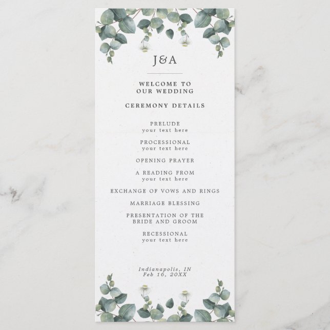 Elegant Watercolor Eucalyptus Wedding Programm (Vorderseite)