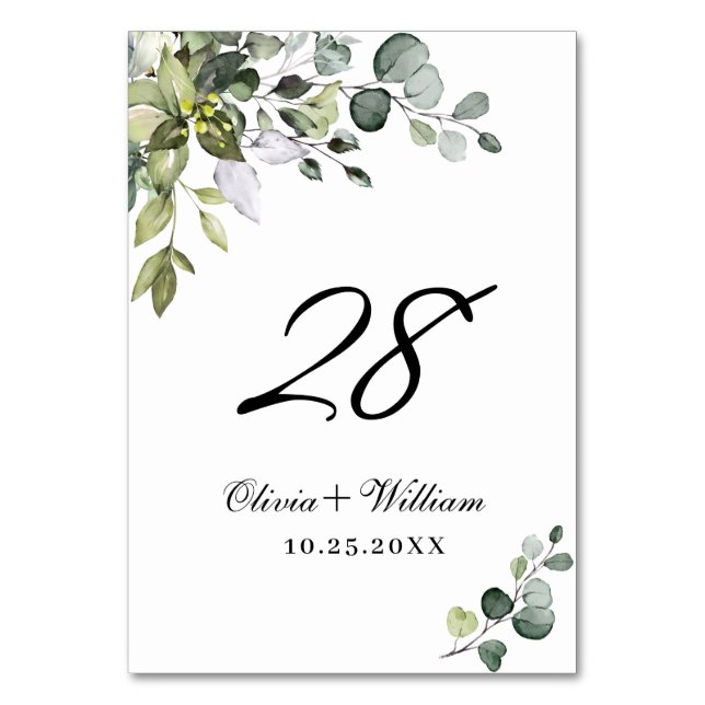 Elegant Watercolor Eucalyptus Wedding Tischnummer (Vorderseite)