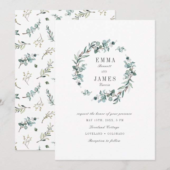 Elegant Watercolor Eucalyptus Wreath Wedding Einladung (Vorne/Hinten)