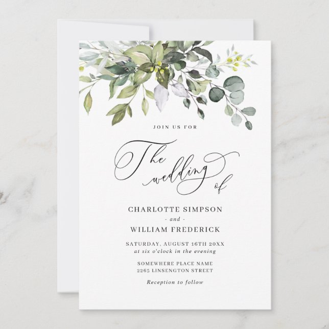 Elegant Watercolor Eukalyptus Greenerity Wedding Einladung (Vorderseite)