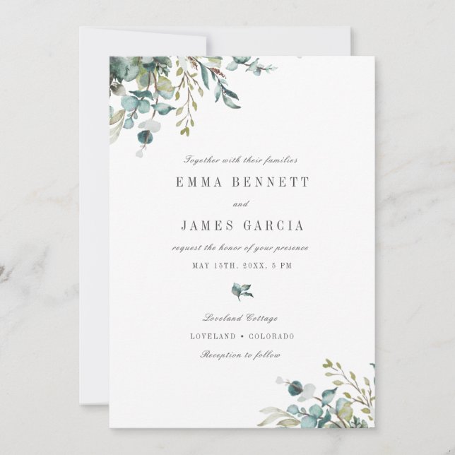 Elegant Watercolor Eukalyptus Greenerity Wedding Einladung (Vorderseite)