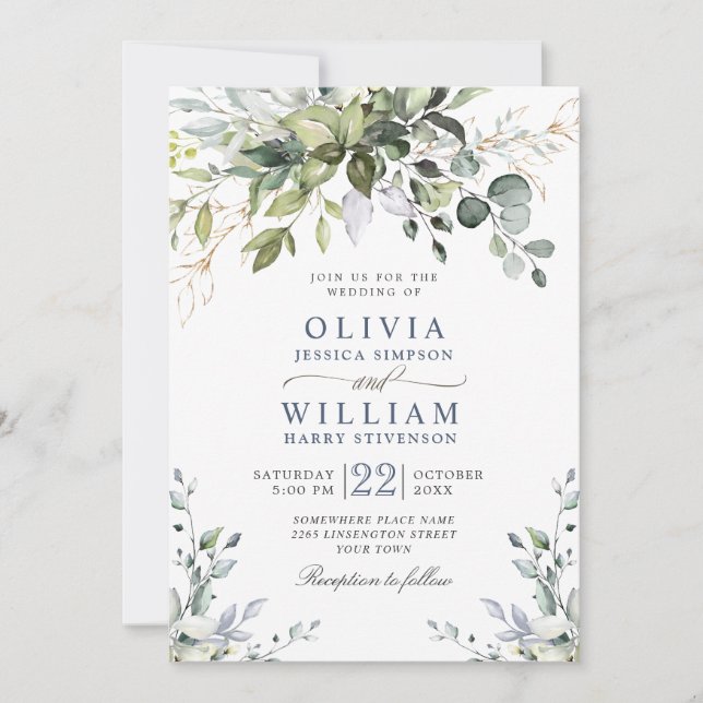 Elegant Watercolor Eukalyptus Greenerity Wedding Einladung (Vorderseite)