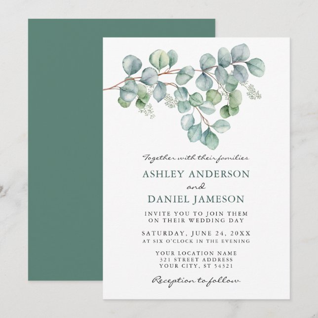 Elegant Watercolor Eukalyptus Greenerity Wedding Einladung (Vorne/Hinten)