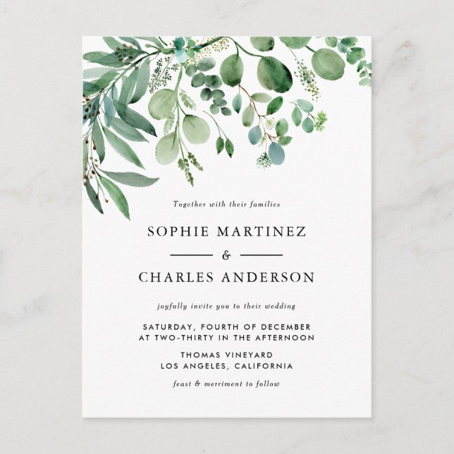 Elegant Watercolor Eukalyptus Greenerity Wedding Einladungspostkarte (Vorderseite)