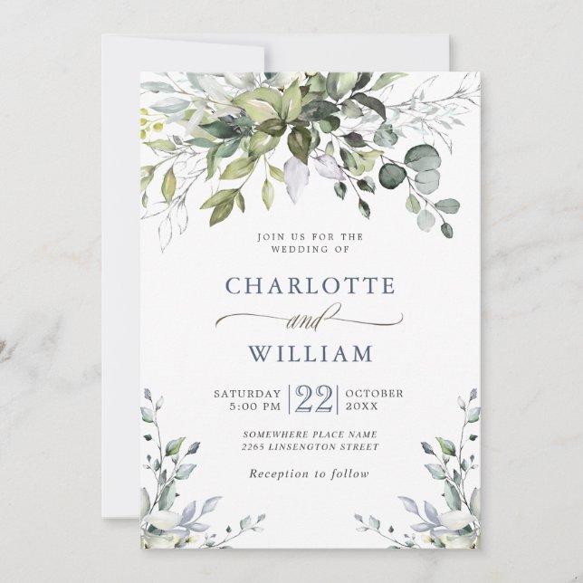 Elegant Watercolor Eukalyptus Greenery Wedding Inv Einladung (Vorderseite)
