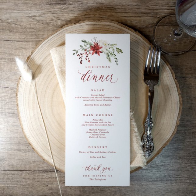 Elegant Watercolor Festive Christmas Dinner Menu Menükarte (Elegant watercolor Christmas dinner menu with poinsettias, greenery, and floral accents.)