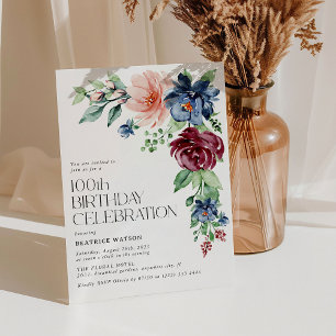 Elegant Watercolor Floral 100. Geburtstag Einladung