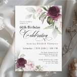 Elegant Watercolor Floral 60. Geburtstag Einladung<br><div class="desc">Feiern Sie einen besonderen Geburtstag mit dieser schönen 60. Geburtstagsfeier. Auf jeder Seite des elegant platzierten Textes befinden sich elegante Blumenrahmen in Bordeaux und rosa Rosen. Die Farben sind blassrosa, bordeauxrot und pflaumengrün, mit ätherischen Pflanzen und winzigen Blume mit weißem Akzent vermischt. Personalisieren Sie die Textvorlage mit Ihren Informationen. Sie...</div>