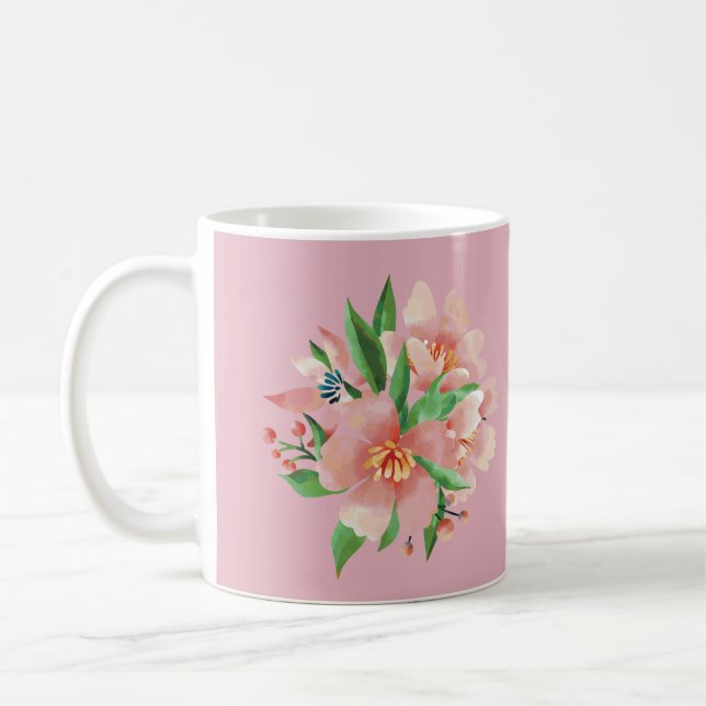 Elegant Watercolor Floral Mug – Pink Blossom Desig Kaffeetasse (Links)