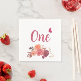 Elegant Watercolor Floral One 1st Birthday  Serviette