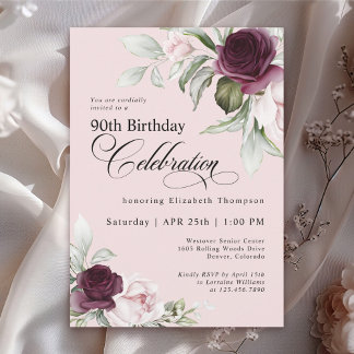 Elegant Watercolor Floral Pink 90. Geburtstag Einladung