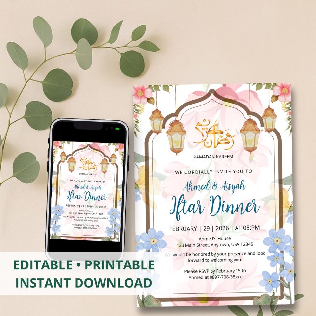 Elegant Watercolor Floral Ramadan Iftar Invitation (Créateur téléchargé)