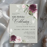 Elegant Watercolor Floral Sage 60. Geburtstag Einladung<br><div class="desc">Feiern Sie einen besonderen Geburtstag mit dieser schönen 60. Geburtstagsfeier. Auf jeder Seite des elegant platzierten Textes befinden sich elegante Blumenrahmen in Bordeaux und rosa Rosen. Die Farbtöne sind blassrosa, tiefbordeauxrot und pflaumenfarben, die mit ätherischen Grünpflanzen vermischt sind, und die Blume mit weißem Akzent auf dem grünen Salbei. Personalisieren Sie...</div>
