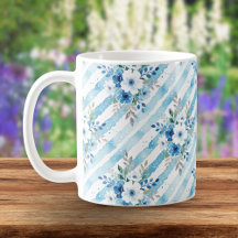 Elegant Watercolor Floral Stripe Blue Cottagecore