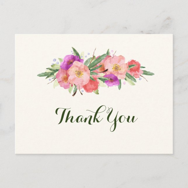 Elegant Watercolor Floral Vielen Dank Postkarte (Vorderseite)