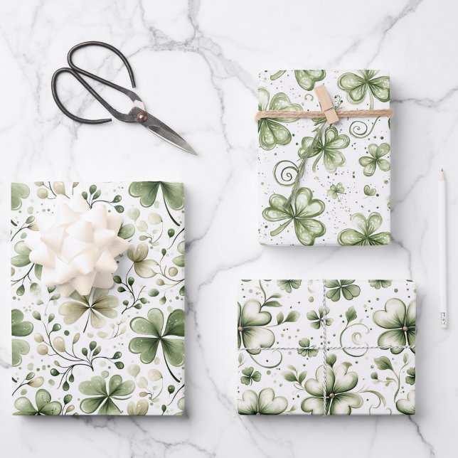 Elegant Watercolor Green Shamrocks Patterns Geschenkpapier Set (Von Creator hochgeladen)