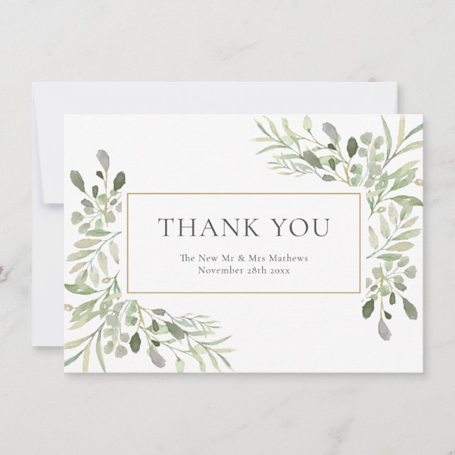 Elegant Watercolor Greenerity Wedding Dankeschön K Dankeskarte (Vorderseite)