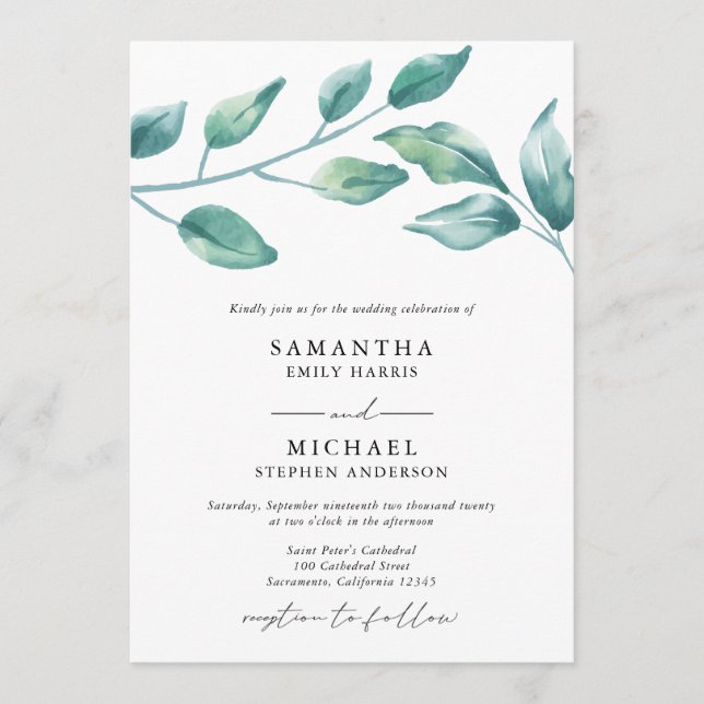 Elegant Watercolor Greenerity Wedding Einladung (Vorderseite)