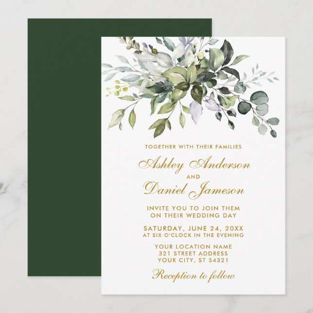 Elegant Watercolor Greenerity Wedding Gold Einladung (Vorne/Hinten)