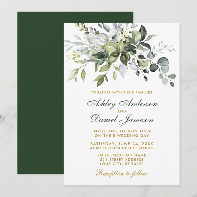 Elegant Watercolor Greenerity Wedding Green Gold Einladung (Vorne/Hinten)