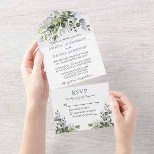 Elegant Watercolor Greenery Dusty Blue Wedding All In One Einladung
