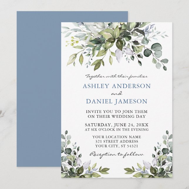 Elegant Watercolor Greenery Dusty Blue Wedding Einladung (Vorne/Hinten)