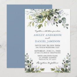 Elegant Watercolor Greenery Dusty Blue Wedding Einladung