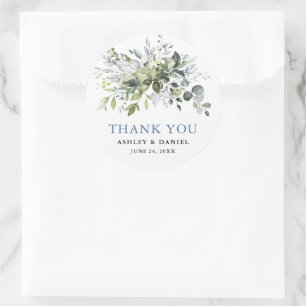 Elegant Watercolor Greenery Dusty Blue Wedding Runder Aufkleber