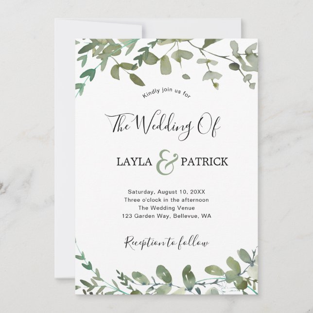 Elegant Watercolor Greenery Eucalyptus Wedding Einladung (Vorderseite)