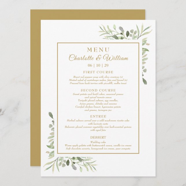 Elegant Watercolor Greenery Gold Dinner Menu Menükarte (Vorne/Hinten)
