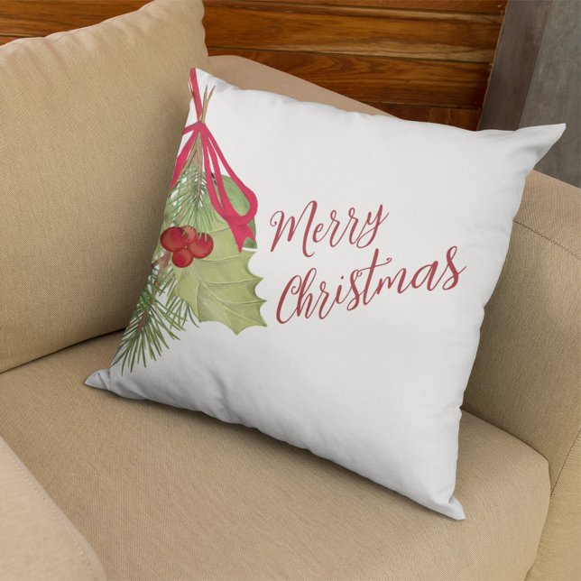 Elegant Watercolor Greenery Merry Christmas  Kissen (Merry Christmas Red and Green Greenery. With Stylish Calligraphy Script.)