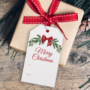 Elegant Watercolor Greenery Red Bow Weihnachten Geschenkanhänger