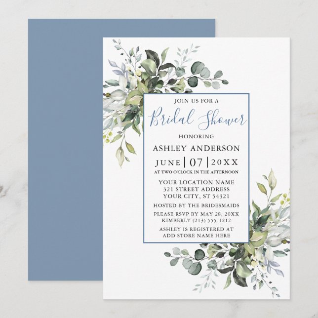 Elegant Watercolor Grüne Dusche Dusty Blue Einladung (Vorne/Hinten)