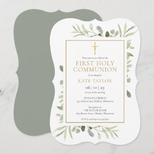 Elegant Watercolor Grüne Erstklassige Kommunion Einladung