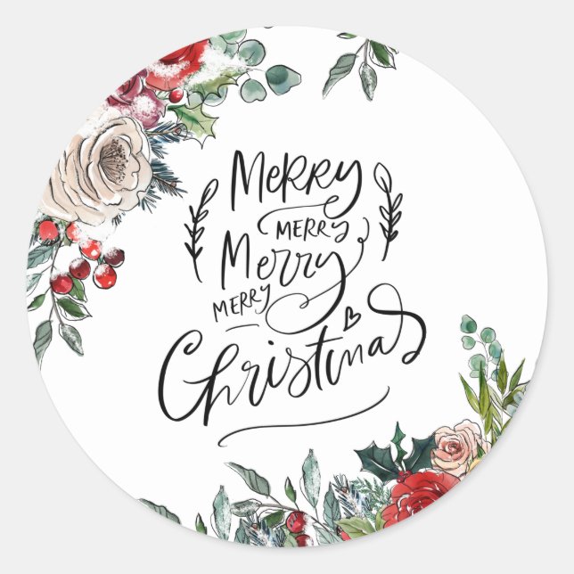 Elegant Watercolor Holly Floral Frohe Weihnachten Runder Aufkleber (Vorderseite)