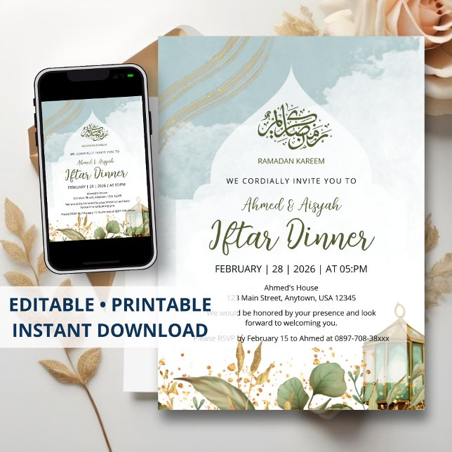 Elegant Watercolor Iftar Invitation Gold Leaves Einladung (Von Creator hochgeladen)
