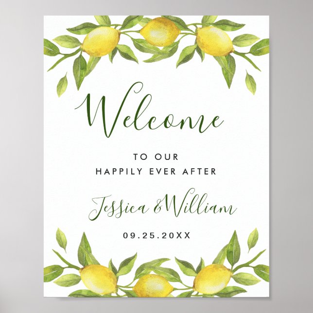 Elegant Watercolor Lemons Grüne Hochzeit Willkomme Poster (Vorne)