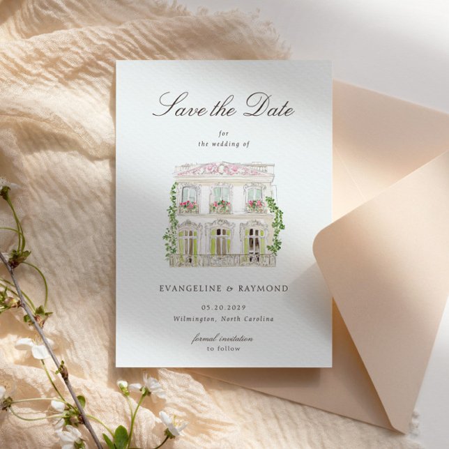 Elegant Watercolor Manor Photo Save The Date Card (Von Creator hochgeladen)