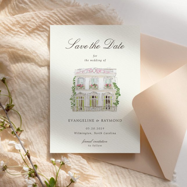 Elegant Watercolor Manor Photo Save The Date Card (Von Creator hochgeladen)