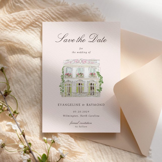 Elegant Watercolor Manor Photo Save The Date Card (Von Creator hochgeladen)