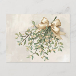 Elegant Watercolor Mistletoe and Gold Bow Feiertagspostkarte