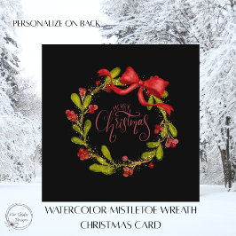 Elegant Watercolor Mistletoe Wreath and Bow Feiertagskarte