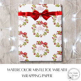 Elegant Watercolor MIstletoe Wreath & Red Bow Geschenkpapier