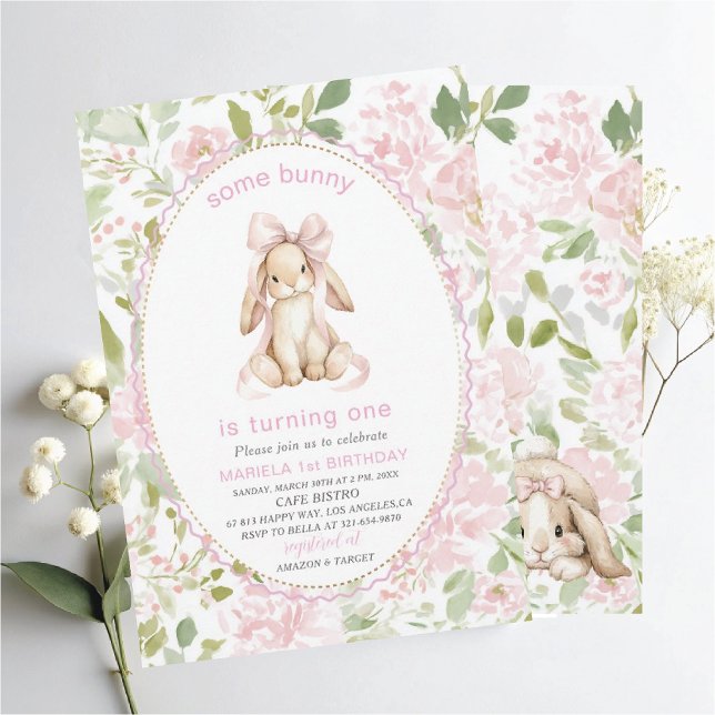 Elegant  Watercolor One 1st Birthday some bunny Gi Einladung (Von Creator hochgeladen)